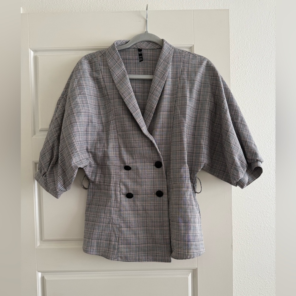Zara Gray Plaid Double-Breasted Short Sleeve Blazer with Black Tie Size Medium - Picture 2 of 5
